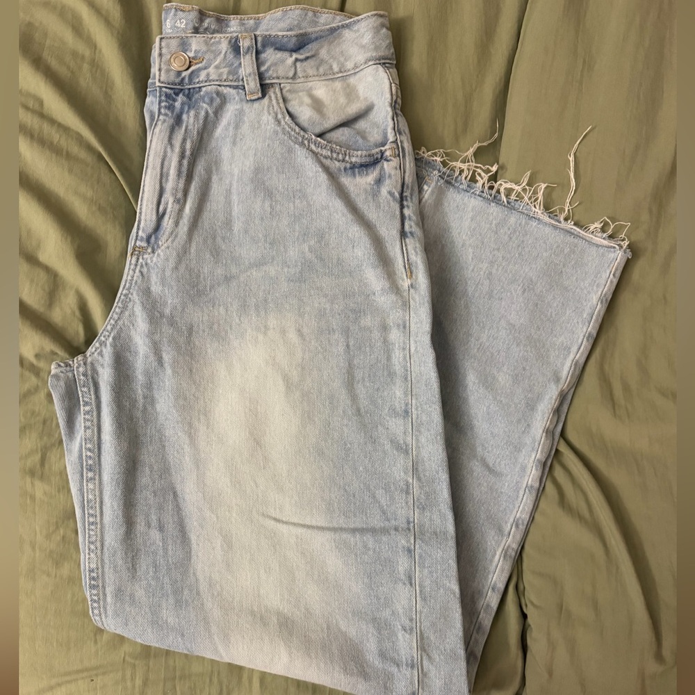 Primark Light Denim Frayed Wide Leg Jeans